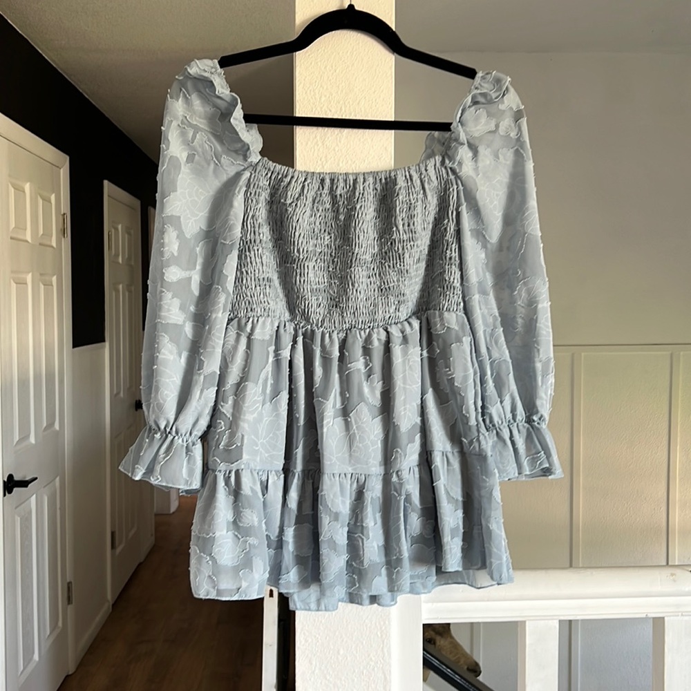 Blue floral elastic bust-line blouse peplum waist puff 3/4 length sleeves large